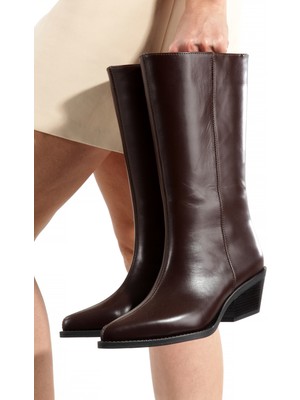 Rella Kahverengi Hakiki Deri Diz Altı Kovboy Çizme - Sivri Burun Kalın Topuk Western Kadın Çizme