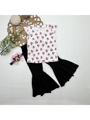 DMR Elegance 1-2-3-4 Yaş Mickey Baskılı Bandanalı Tişört Ispanyol Paçalı Likralı 3lü Kız Çocuk Takımı Siyah