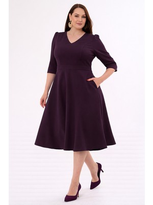 Ruris Kadın Mürdüm V Yaka Cepli Truvakar Kol Midi Kloş Double Kumaş Büyük Beden Elbise