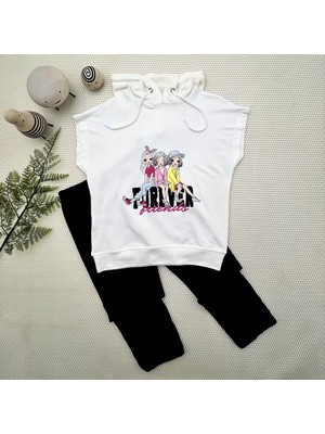 DMR Elegance 3-4-5 Yaş Forever Cici Kızlar Baskılı Kapşonlu 2li Kız Çocuk Takımı Siyah