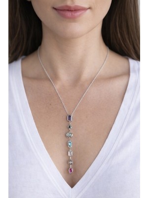 Lia Charm Gümüş Renkli Doğal Taşlı Paslanmaz Çelik Dikey Sıralı Y Kolye