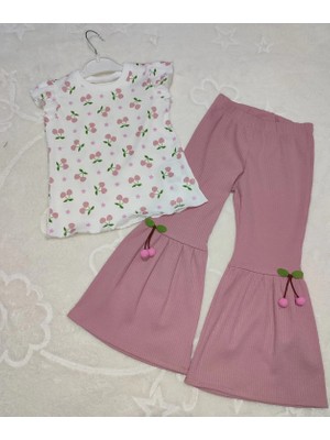 DMR Elegance 1-2-3-4 Yaş Kiraz Baskılı Tişört Ispanyol Paçalı Likralı 2li Kız Çocuk Takımı Gül Kurusu
