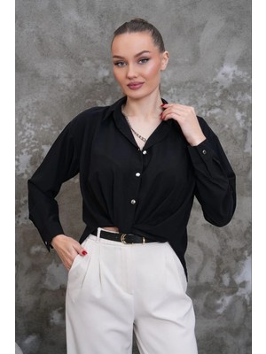 Elaxi Kadın Önden Bağlama Görünümlü Zincir Aksesuar Detaylı Jessica Kumaş Gömlek