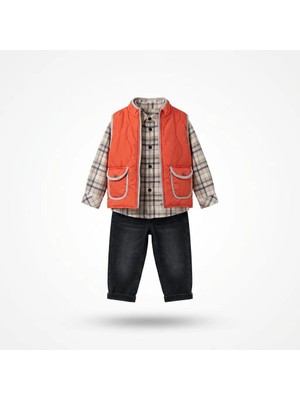 Bebüş Erkek Bebek Bayramlık 3’lü Takım Ekose Gömlek Kot Pantolon Şişme Yelek Şık Çocuk Kombini