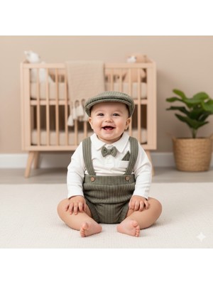 GENYBABY Erkek Bebek Salopet Takımı 3 Parça – Papyonlu Gömlek, Kadife Salopet Pantolon ve Şapka – Şık Bebek
