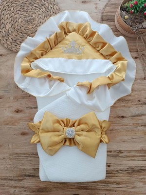 DMR Elegance Yenidoğan Mehtap Lüks Kelebek Taç Nakışlı Bebek Battaniyesi Kundak Sarı