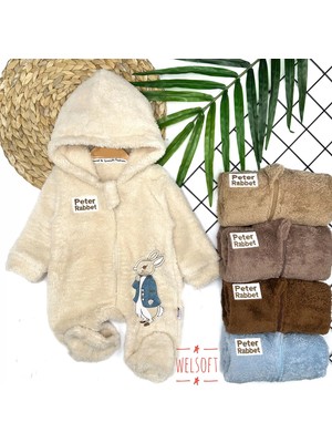 DMR Elegance 3-6-9-12 Ay Rabbit Tavşan Nakışlı Fermuar Kapamalı Patikli Tüylü Erkek Bebek Tulumu Krem