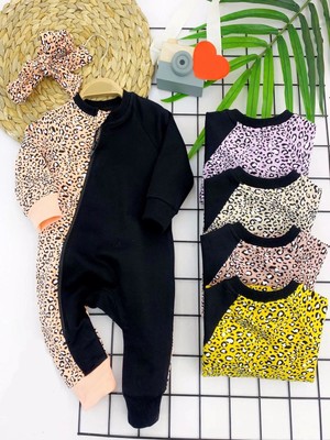 DMR Elegance 3-6-9-12 Ay Bandanalı Leopar Desenlı Fermuar Kapama Kız Bebek Tulumu Bej