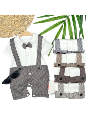 DMR Elegance 3-6-9-12 Ay Papyon Detaylı Piti Kare Baskılı Salopet Görünümlü Erkek Bebek Tulumu