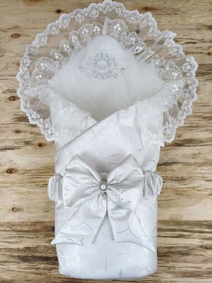 DMR Elegance Yenidoğan Pırıltı Taç Nakışlı Inci Delüks Kundak Bebek Battaniyesi Ekru