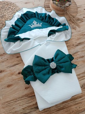 DMR Elegance Yenidoğan Mehtap Lüks Kelebek Taç Nakışlı Bebek Battaniyesi Kundak Zümrüt Yeşili