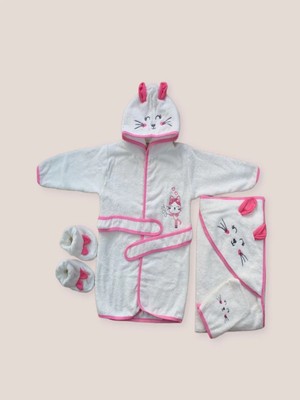 DMR Elegance 0-6 Ay Kedicik Nakışlı Bornozlu 5li Kız Bebek Havlu Silgi Takımı Fuşya