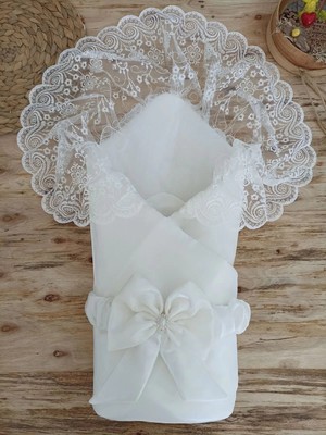 DMR Elegance Yenidoğan Kumru Inci Fiyonk Kristal Parlak Duvaklı Kundak Bebek Battaniyesi Ekru