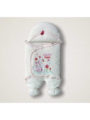 DMR Elegance Yenidoğan Çiçekli Ördek Nakışlı Şapkalı Kız Bebek Ayaklı Kundak Bebek Battaniyesi Ekru