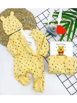 DMR Elegance 3-6-9-12 Ay Pooh Desenli Şapkalı Sweatli 3lü Kız Erkek Bebek Tulum Sarı