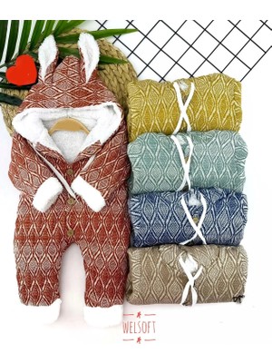 DMR Elegance 9-12-18-24 Ay Düğme Kapamalı Kulaklı Kapşonlu Motif Desenli Örme Kumaş Kız Erkek Bebek Tulumu Lacivert