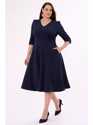 Ruris Kadın Lacivert V Yaka Cepli Truvakar Kol Midi Kloş Double Kumaş Büyük Beden Elbise