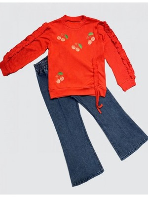 DMR Elegance 4-5-6 Yaş Kot Pantolonlu Kiraz Desenli Penye Sweat Uzun Kollu 2li Kız Çocuk Takımı Kırmızı