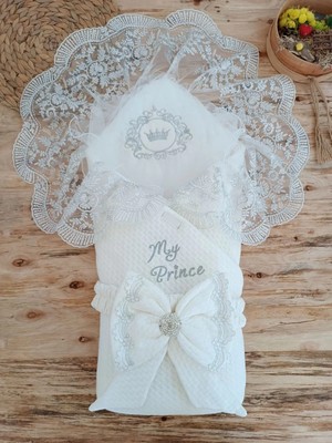 DMR Elegance Yenidoğan Pamuk Taç Benim Prensim Nakışlı Trilüks Kundak Bebek Battaniyesi Ekru