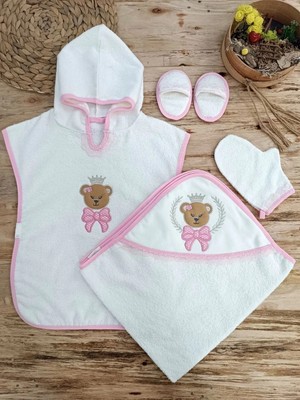 DMR Elegance 0-1 Yaş Bear Nakışlı Pareolu 4lü Kız Bebek Havlu Silgi Takımı Pembe