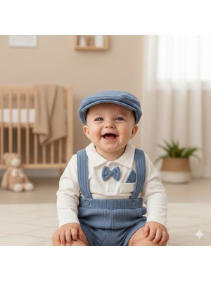 GENYBABY Erkek Bebek Salopet Takımı 3 Parça – Papyonlu Gömlek, Kadife Salopet Pantolon ve Şapka – Şık Bebek