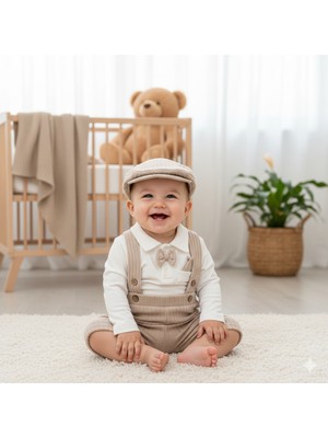 GENYBABY Erkek Bebek Salopet Takımı 3 Parça – Papyonlu Gömlek, Kadife Salopet Pantolon ve Şapka – Şık Bebek