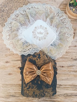 DMR Elegance Yenidoğan Kendinden Desenli Krom Fiyonklu Bebek Battaniyesi Kundak Bakır