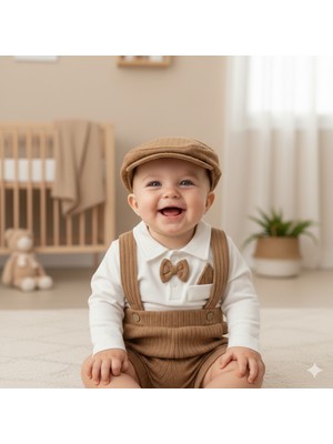 GENYBABY Erkek Bebek Salopet Takımı 3 Parça – Papyonlu Gömlek, Kadife Salopet Pantolon ve Şapka – Şık Bebek