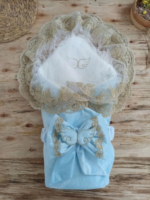 DMR Elegance Yenidoğan Soft Kumru Melek Kanat Fiyonklu Gold Çift Dantel Duvaklı Trilüks Kundak Bebek Battaniyesi Mavi