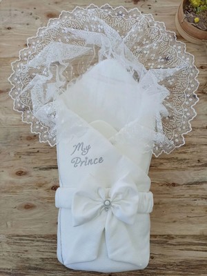 DMR Elegance Yenidoğan Sahra My Prince Nakışlı Lüks Kundak Bebek Battaniyesi Ekru