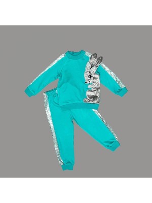 DMR Elegance 1-2-3 Yaş Payetli Pelüş Tavşan Desenli Likra Penye Kumaş Sweat Pantolonlu Kız 2li Çocuk Takımı Mint Yeşili