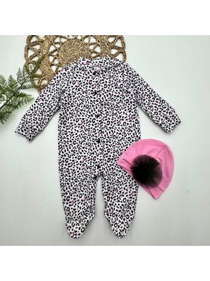 DMR Elegance 0-3-6-9 Ay Leopar Baskılı Tam Boy Çıtçıtlı Patikli Güllü Boneli Kız Bebek Tulumu Pembe