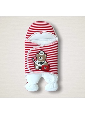 DMR Elegance Yenidoğan Dr. Ayıcık Nakışlı Kız-Erkek Bebek Ayaklı Kundak Bebek Battaniyesi Kırmızı