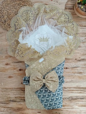 DMR Elegance Yenidoğan Ultralüks Piramit Desenli Güpürlü Bebek Battaniyesi Kundak Gold