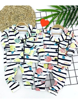 DMR Elegance 9-12-18-24 Ay Çizgili Meyve Desenli Düğme Kapamalı 2li Kız Erkek Bebek Pijama Takımı Sarı