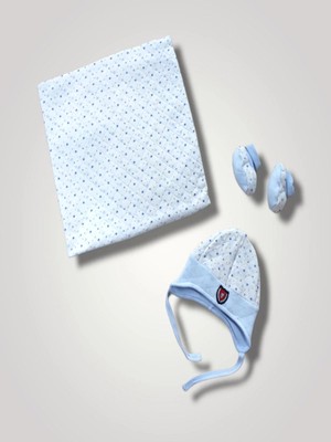 DMR Elegance Yenidoğan Baskılı Double Face Şapka ve Patikli 3lü Bebek Battaniye Takımı Mavi