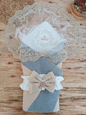 DMR Elegance Yenidoğan Teri Cotton Taç Nakışlı Prizma Taş Kundak Bebek Battaniyesi Bej