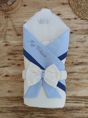 DMR Elegance Yenidoğan Bal Peteği My Prince Taç Nakışlı Delüks Kundak Bebek Battaniyesi Mavi