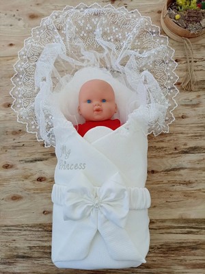 DMR Elegance Yenidoğan Sahra My Princess Nakışlı Lüks Kundak Bebek Battaniyesi Ekru