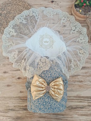 DMR Elegance Yenidoğan Kabartma Desenli Gold Fiyonklu Güpürlü Bebek Battaniyesi Kundak Gold