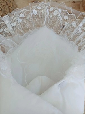 DMR Elegance Yenidoğan Gelinlik Duvaklı Trilüks Kundak Bebek Battaniyesi Ekru