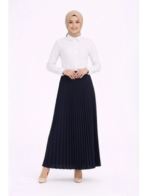 Mevese Sivela Lacivert Tesettür Beyaz Gömlekli Pliseli Etek İkili Takım - Gündelik ve Ofis Şıklığı
