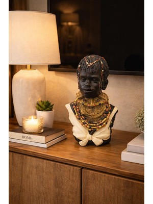 Afrikalı Kadın Büst Biblo 36 cm – Etnik Salon Dekorasyonu, Afrika Temalı Dekoratif Heykel, Konsol ve Şömine Üstü Dekor Objesi