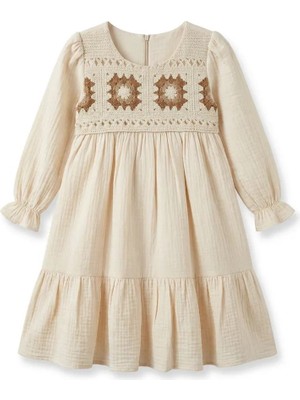 Mutlu Bebe Kız Çocuk Müslin Bayramlık Nakışlı Krem Elbise Uzun Kollu Şık Özel Gün Elbisesi