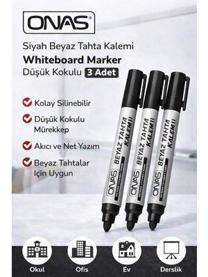Epilons Onas Siyah Beyaz Tahta Kalemi Whiteboard Marker Düşük Kokulu 3 Adet