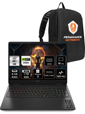 HP Omen 16 Core 7 240H RTX 5060 8GB 8GB RAM 512GB SSD 16" FHD+ 165Hz Win11 Home BQ1Z0EAPN362 Gaming Laptop + Per4 Çanta