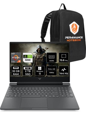 Hp Victus 15 Amd Ryzen Aı 5 340 32GB 2tb SSD RTX5050/8GB 15.6" Fhd 144Hz W11P Taşınabilir Bilgisayar & Per4 Çanta CA8E7EAPN442