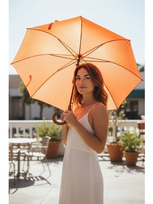 Rubenis Turuncu Baston Şemsiye Orjinal Ahşap Sap Lüx Şemsiye