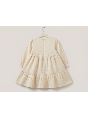 Mutlu Bebe Kız Çocuk Müslin Bayramlık Nakışlı Krem Elbise Uzun Kollu Şık Özel Gün Elbisesi