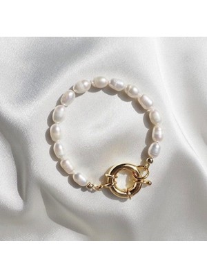 Taşmir Sertifikalı Orta Boy Orijinal Arpa Inci Bileklik - Altın Kaplama Gemici Kilit